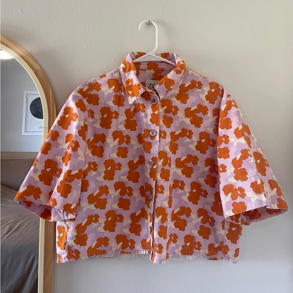 Zara Orange and Pink Floral denim crop jacket